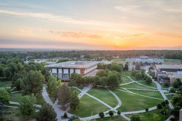 Aerial view of Michener Library and west campus